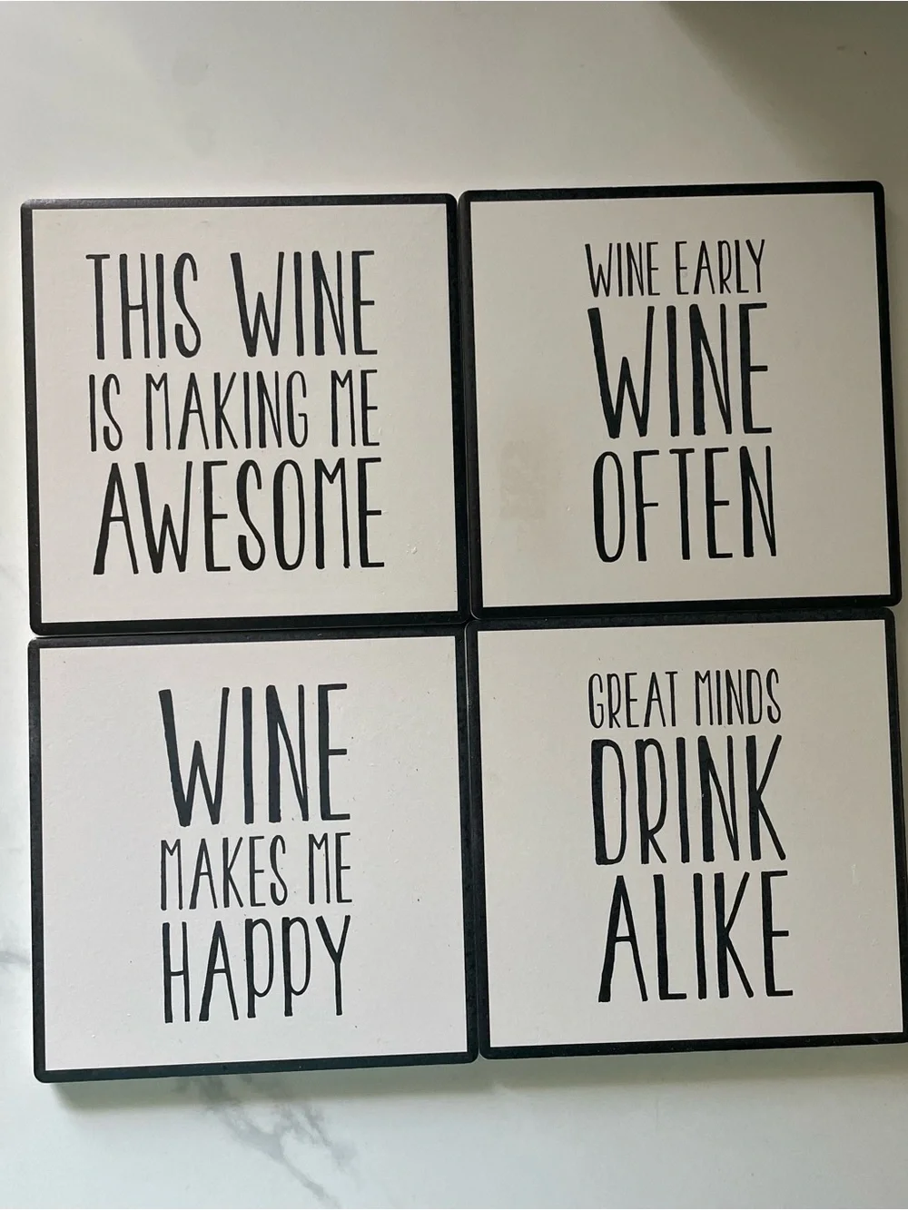 TWO Sets 4 Black and White ceramic Wine Coasters with cork nonslip backing. NEW